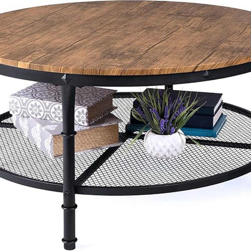 Brown Round Wood and Metal 2-Tier Coffee Table