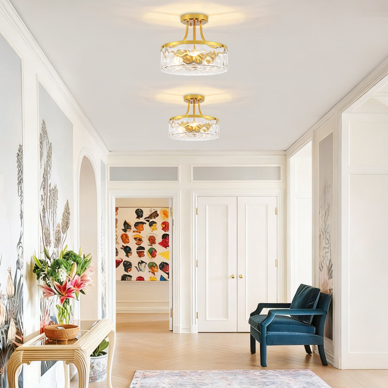 3 - Light Gold Semi Flush Mount Ceiling Light With Water Glass Shade, Gold