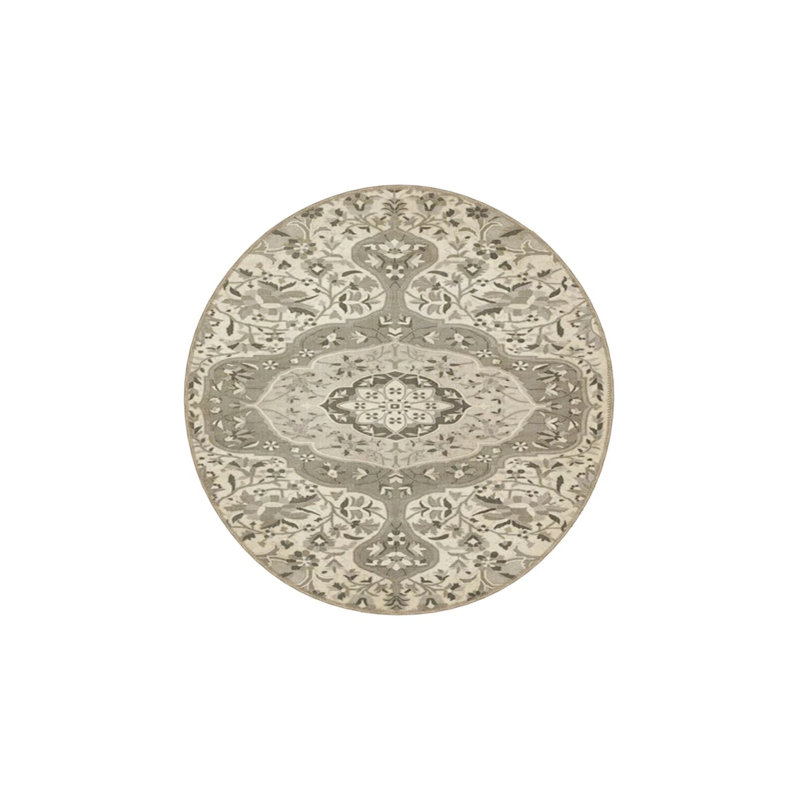 Cream Floral Traditional Woven Base Washable Carpet, Round 4'