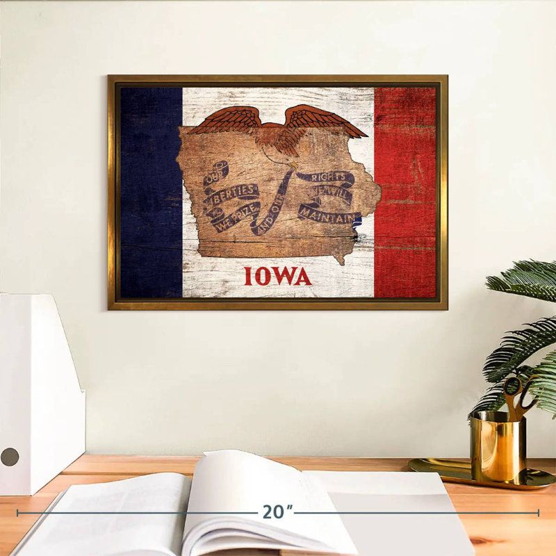 Carte d'État sur le drapeau de l'Iowa, Cadre flottant doré, 13 po x 9 po