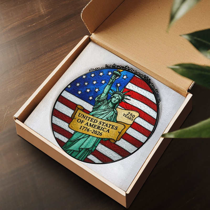 Statue de la Liberté, drapeau américain, célébration du 250e anniversaire, vitrail pour fenêtre, 7,8 x 7,8 po (20 x 20 cm)