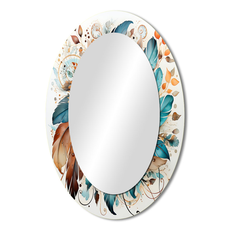 Boho Bouquet de fleurs en bleu et orange ambré I - Grand miroir mural ovale sur métal, 36 po x 24 po