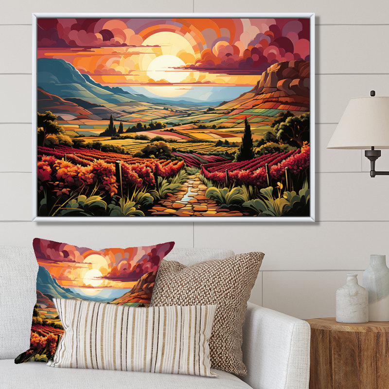 «Vineyard Sunset Rows Of Ruby Landscape II», reproduction sur toile, H 24 po x l 32 po x P 1 po, Cadre flottant blanc
