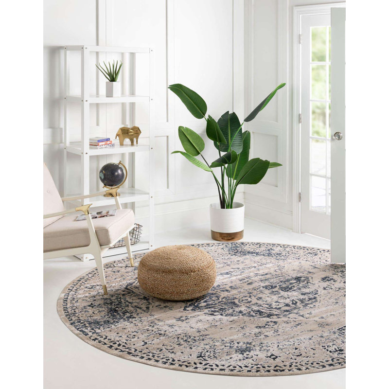 Arkeen Oriental Dark Blue/Beige/Ivory/Gray Area Rug, Round 3'1"