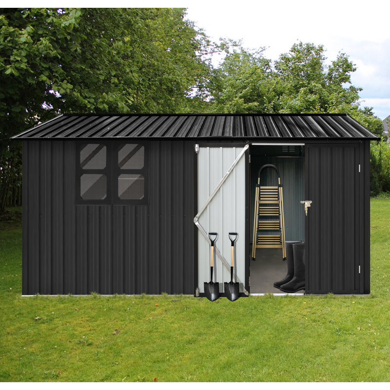 12X10 Ft Metal Garden Sheds Outdoor Storage Sheds Black With Window, Black