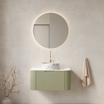Meuble-lavabo de salle de bain 30 po avec lavabo, meuble de rangement mural à bordures courbées et flottantes avec tiroir, lavabo rond en céramique blanc avec motif de pierre, pré-assemblé, couleur vert clair