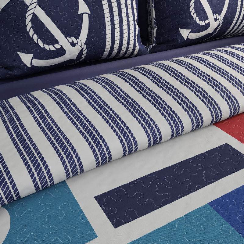  Reversible Coastal-Themed Quilt Set with Sham - Hypoallergenic Microfiber Bedding, Full / Queen