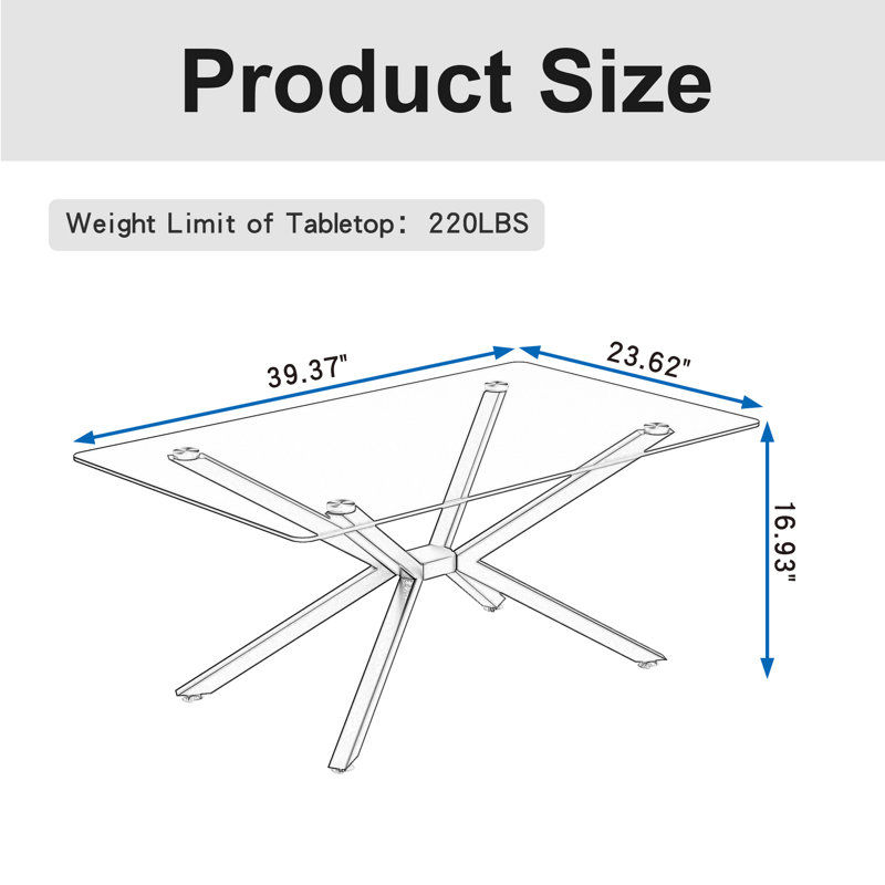 39.37" Rectangular Clear Tempered Glass Coffee Table, Black