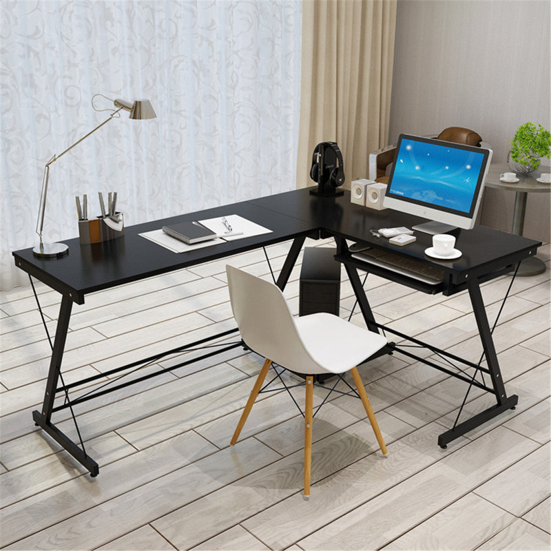 L-Shaped Metal Base Writing Desk, Black