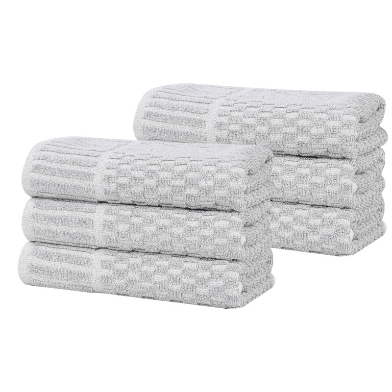 Juno Viscose Cotton Blend Medium Weight Textured Checkered Ribbed Border Hand Towels, Platinum, Hand Towel - 6 Pack