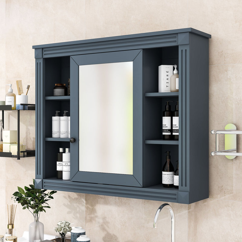 Armoire de salle de bain murale moderne Yanali avec miroir et rangement multi-tablettes, Bleu