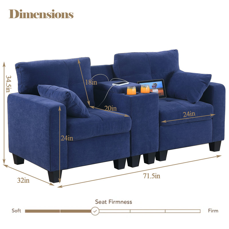 Modular Sofa With Storage, Cupholders, USB Port, Navy Blue