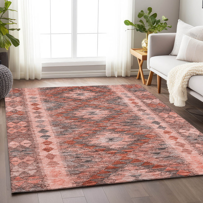 Terracotta Geometric Flat Woven Washable Synthetic Rug 8' x 10'