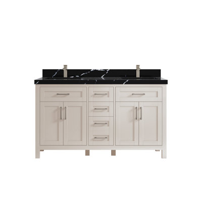 60 po Cambridge X P 22 po D Meuble-lavabo double en grain fin avec 2 po Quartz noir Calacatta