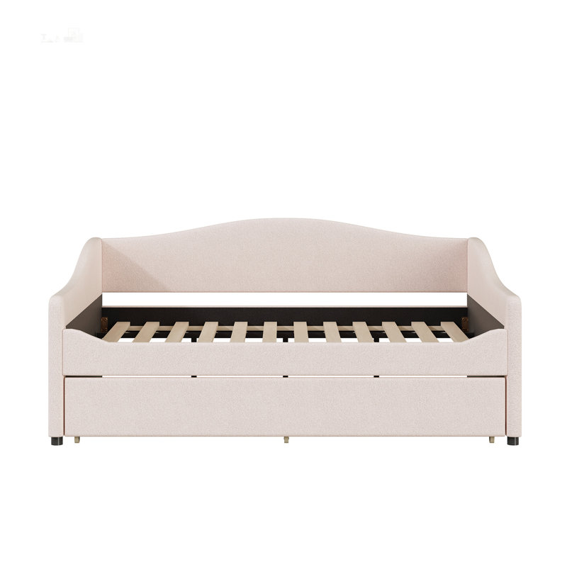 Teddy Fleece Full Upholstered Daybed with LED Lights and Trundle, Beige