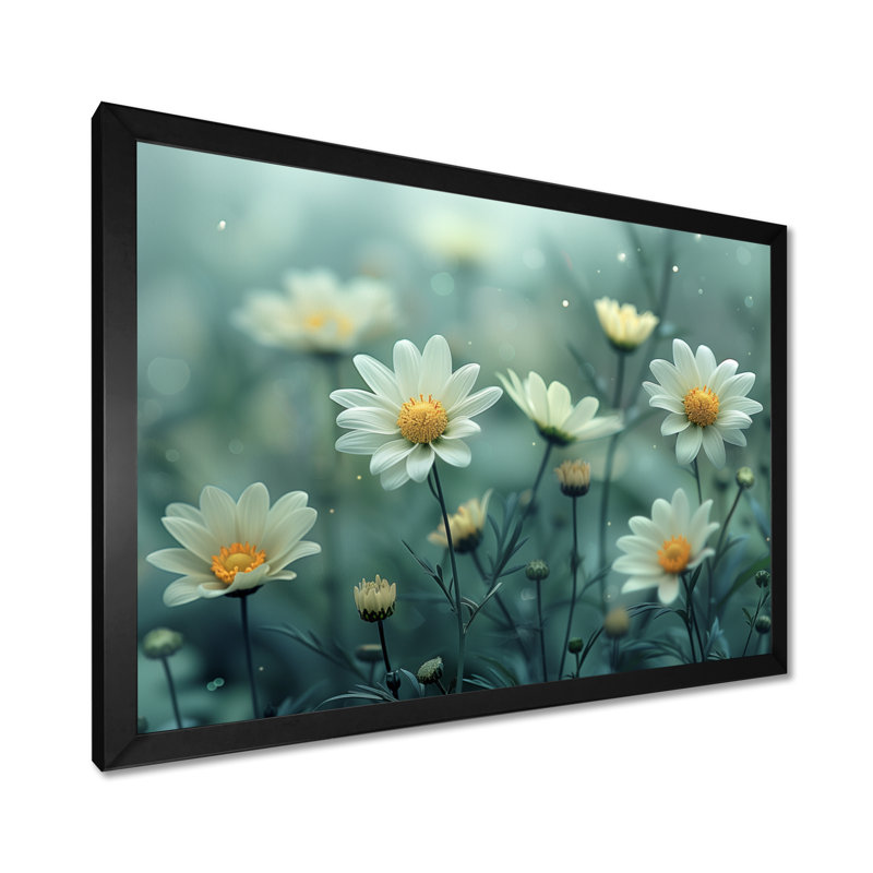 Nirvana blanc et blanc - marguerites, art mural, H 12 po x l 20 po x P 1 po, Cadre simple noir