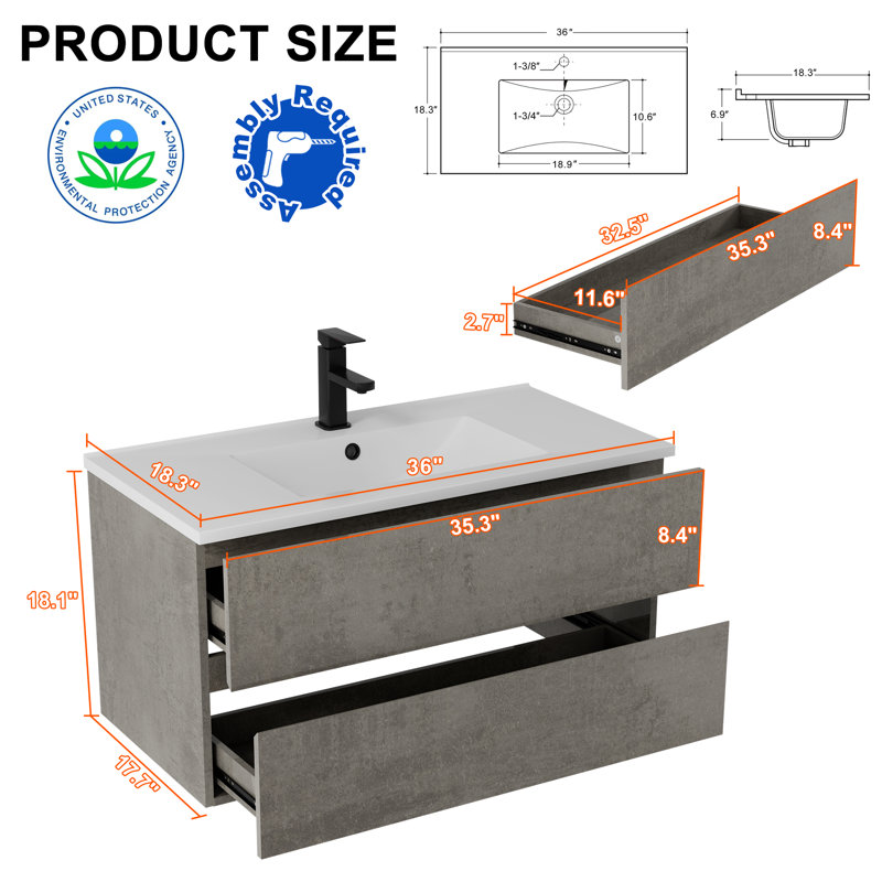 Base de meuble-lavabo flottant mural 36 po, lavabo non inclus