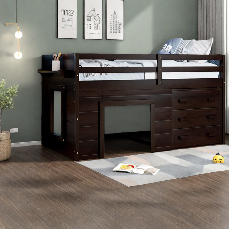 Lit mezzanine simple avec rangement peu encombrant, bois massif, finition espresso moderne