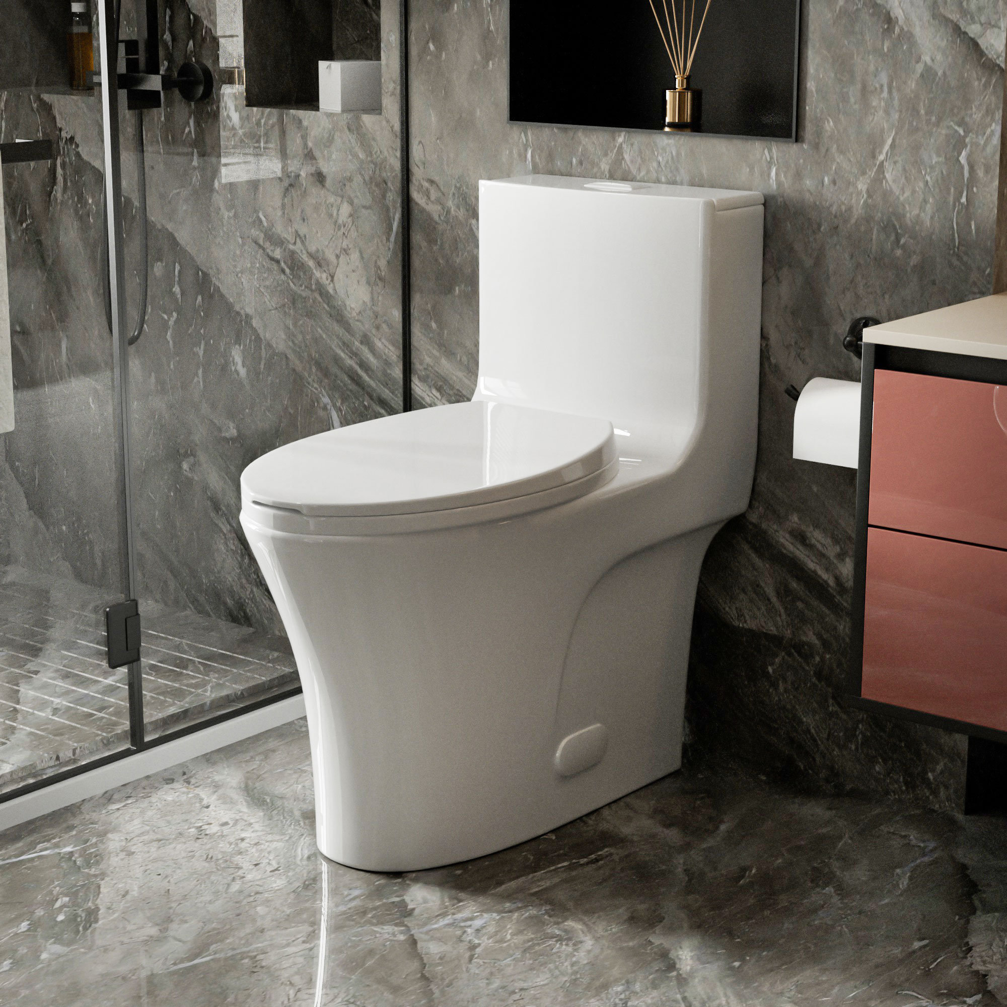 Abruzzo One-Piece Toilet 1.1 GPF/1.6 GPF Dual Flush Elongated Toilet with Soft Closing Seat in Glossy White