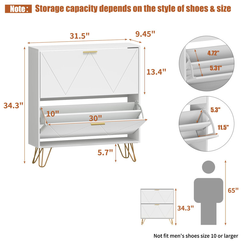 18 Pair Shoe Storage Cabinet With 2 Drawers, White