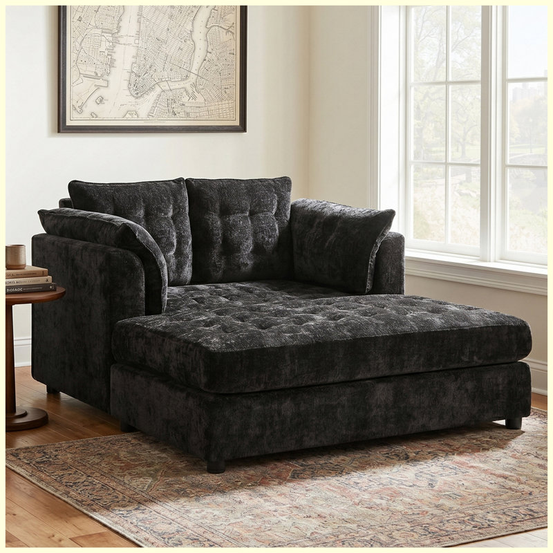 Causeuse | Canapé moderne 2 places avec coussins décoratifs noir, Black Chenille