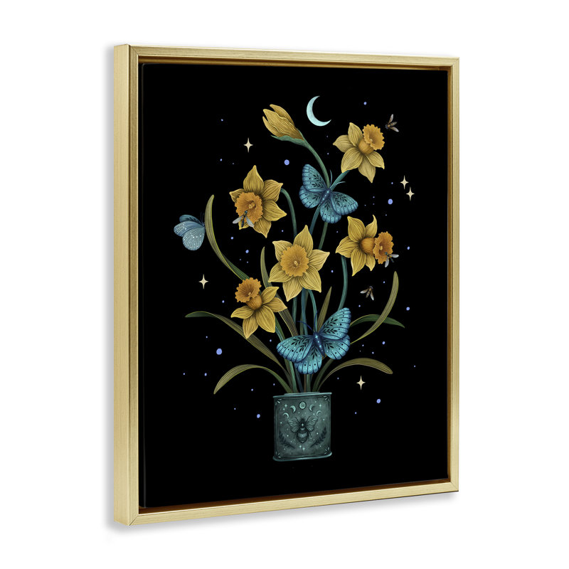 Cadre flottant Mystical March Daffodils, conception par Episodic Dessins, Cadre flottant métallique doré, H 21 po x l 17 po