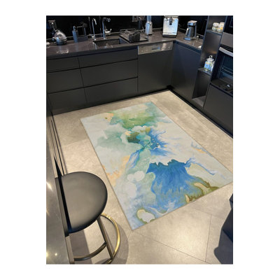 Blue Green Abstract Fog Cloud Pattern Modern Decorative Washable Rug