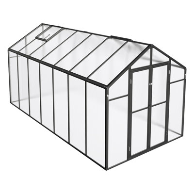 Serre en polycarbonate, 2,4 x 4,3 m, serre extérieure avec 2 fenêtres d'aération, serre de style pavillon avec porte à charnières, ensemble de grande serre en aluminium pour jardin ou cour arrière.