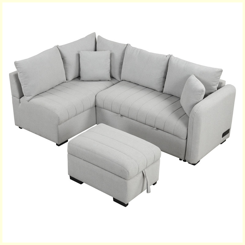L-shaped Sectional Pull Out Sofa Bed Sleeper Sofa with Two USB Ports, Two Power Sockets and a Movable Storage Ottoman, Grey
