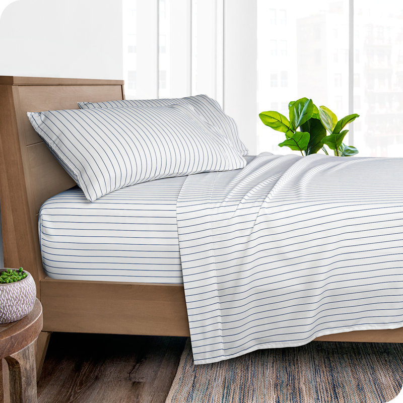 Sheet Set - Ultra-Soft Microfiber Bed Sheets - Double Brushed - Deep Pockets - Easy Fit, Pinstripe - White/Midnight