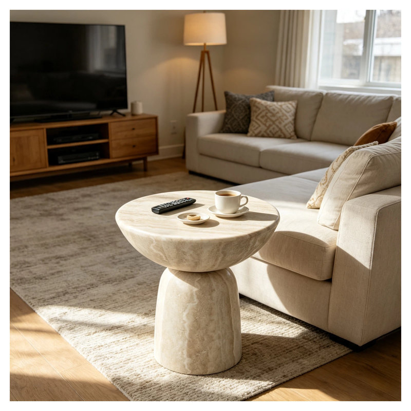 Table d'appoint ronde 19,69 po en forme de champignon, table d'appoint en fibre de verre texturée en faux travertin pour le salon et la chambre à coucher, beige, sans assemblage requis
