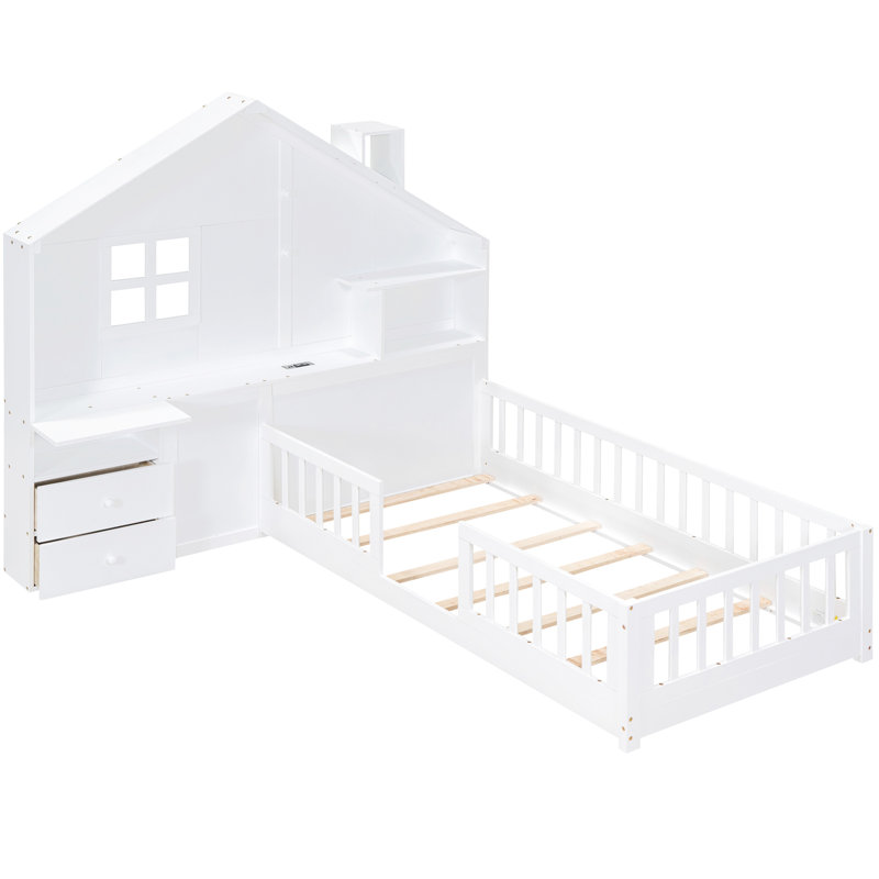 Lit de style maison simple élégant avec fenêtre, tiroirs, tablettes et prises de courant, rangement blanc