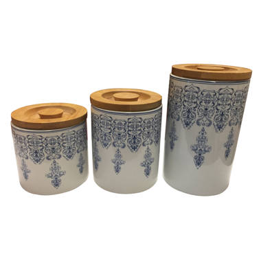 Tabletops Gallery Ceramic Canister Collection- Stoneware Designed Kitchen  Storage Acacia Wood White Set, 3 Piece Mayan Tribal Designed Canisters  (Blue