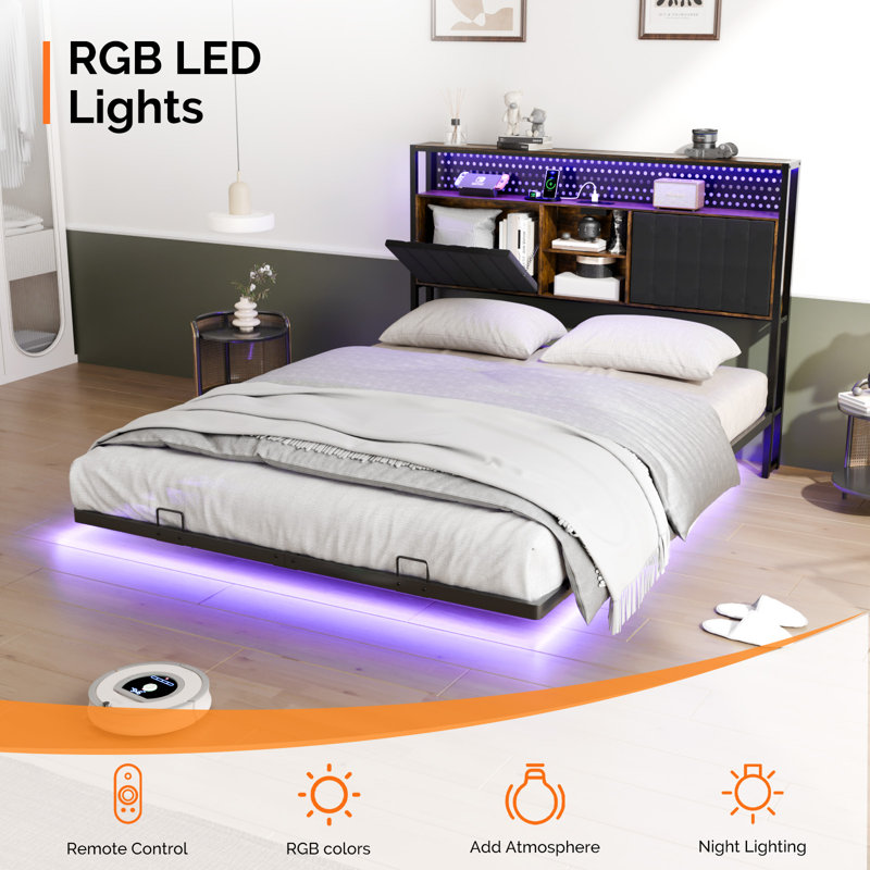 Queen Floating Bed Frame With Charging Station, LED Bed Frame With Storage Headboard, Queen