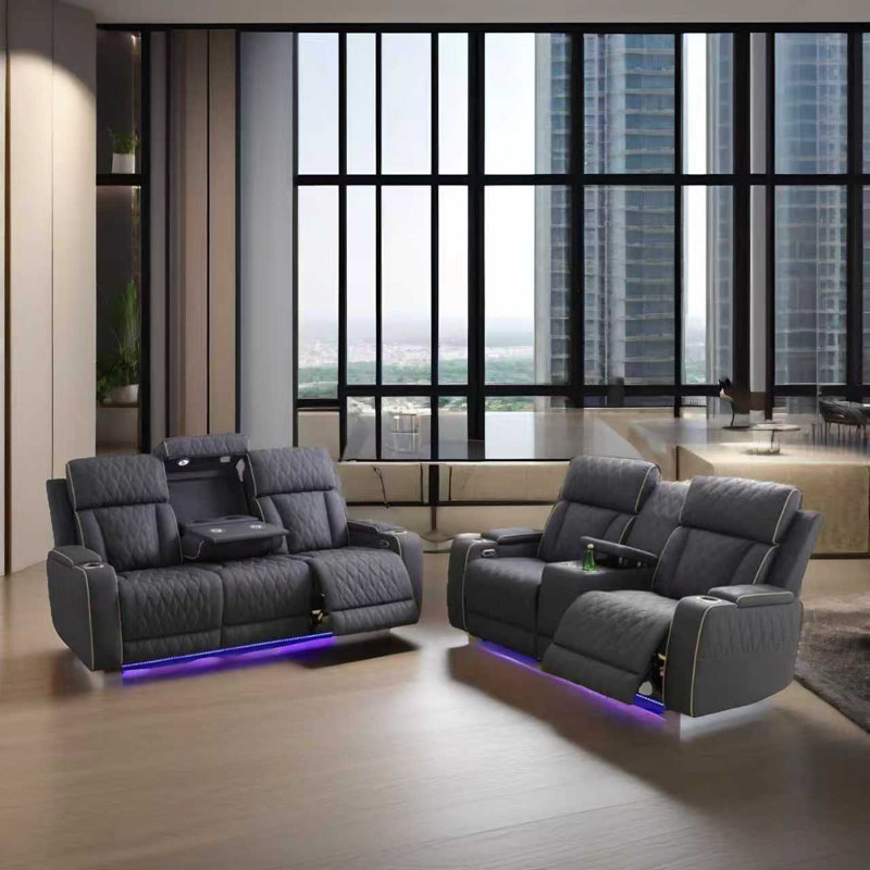 Sea Blueish Grey Sanded Leather Living Room Intelligent Recliner Sofa&Loveseat Set, Gray