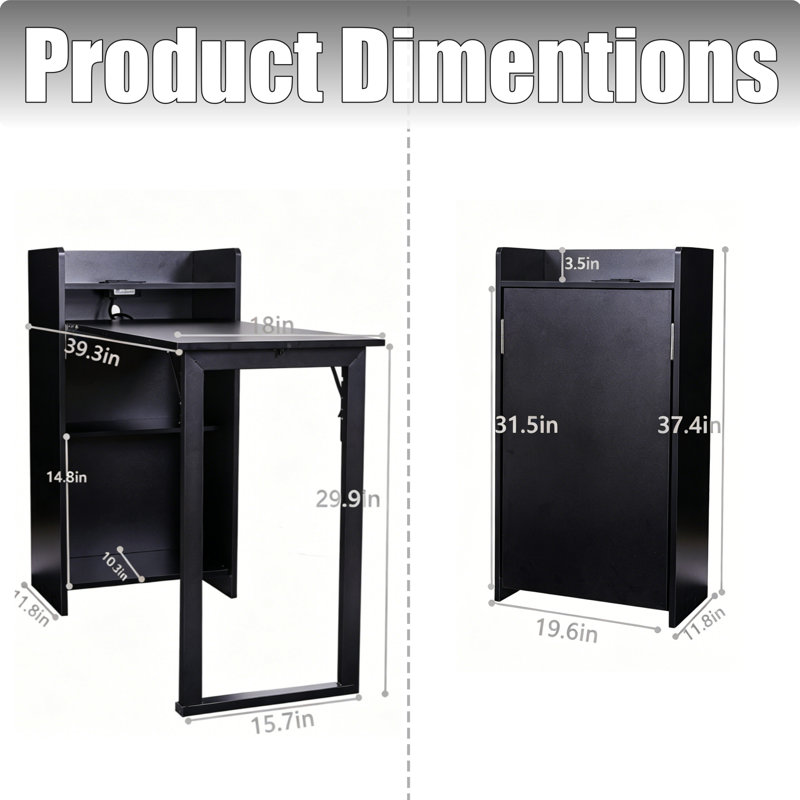 Foldable Computer Desk with Charging Station and Two-Tier Storage Shelf, 39.3 Inch Convertible Folding Writing Table Multi-Functional Space Saving Nightstand for Home Office Bedroom Dormitory Study Compact Workstation, White