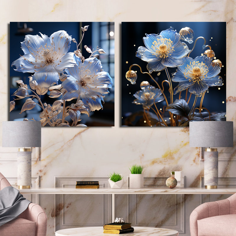 «Harmonie florale céleste», 2 pièces, Toile tendue, H 16 po x l 33 po