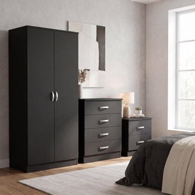 Lycinda 3 Piece Bedroom Furniture Set. 2 Door Wardrobe. 4 Drawer Chest Of Drawers. 2 Drawer Bedside Table. Matt Finish, Scratch Resistant, Brushed Chrome Metal Handles