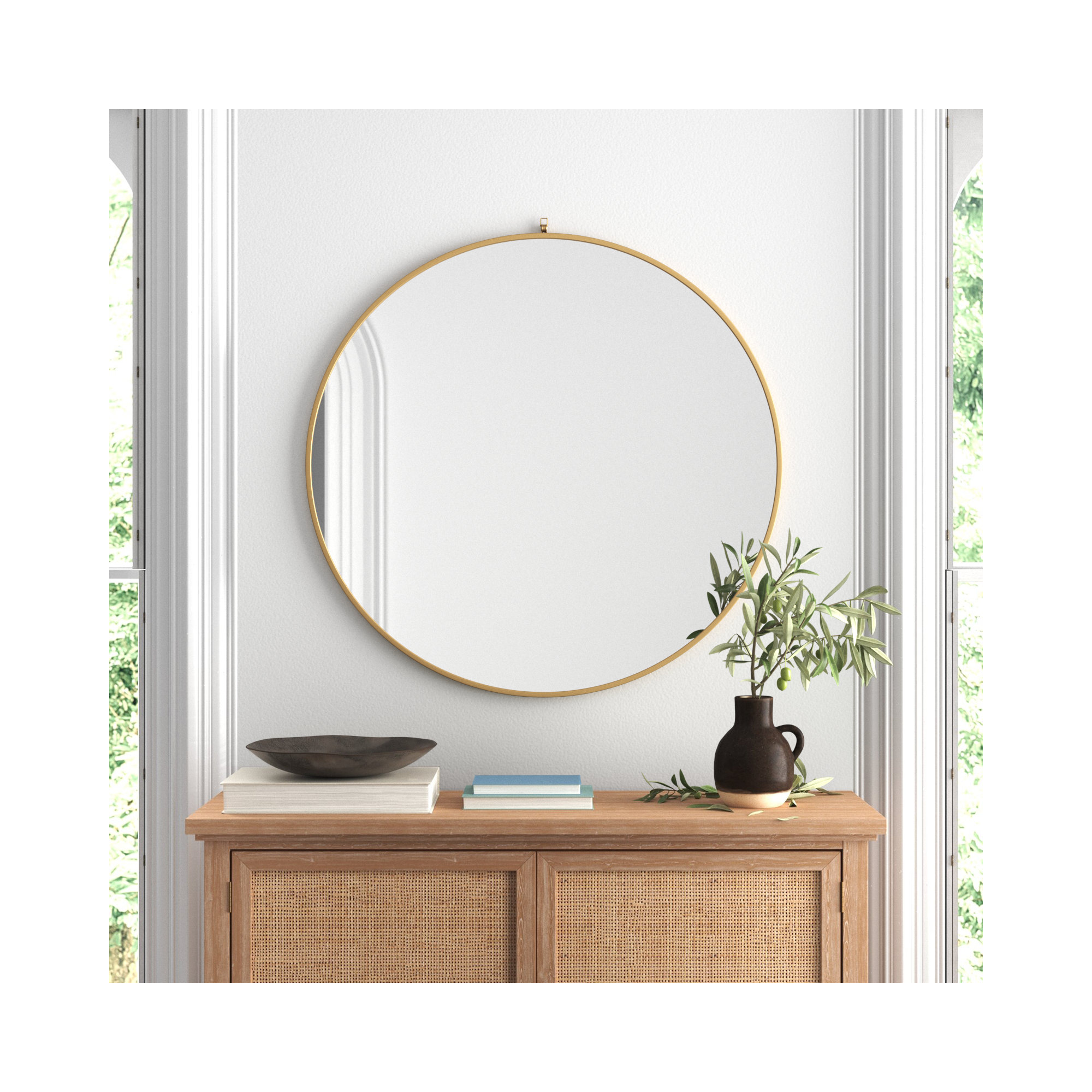 Cassie Metal/Manufactured Wood Round Wall Mirror, Brass, 45" x 45"