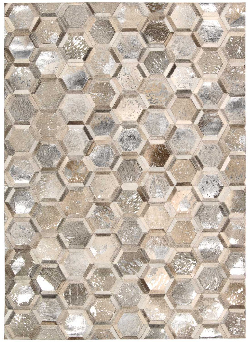 City Chic Leather Geometric Area Rug in Silver/Beige/Gold