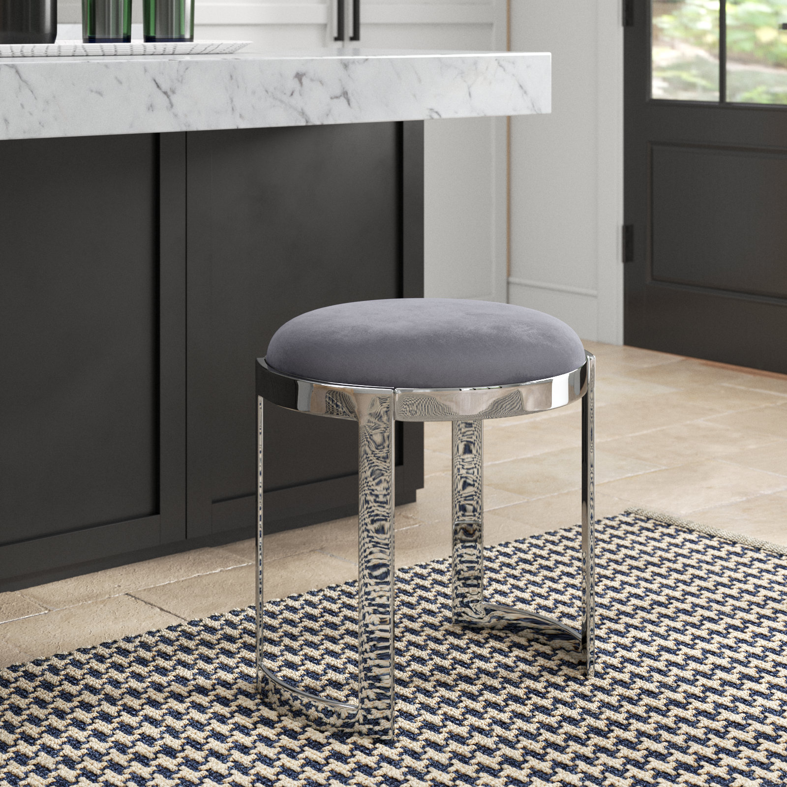 Nouri Velvet Vanity Stool, Gray, Silver
