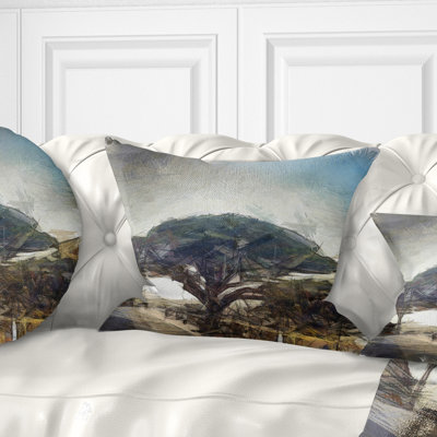 Lonely Oak Tree Watercolor Sketch - Landscape Printed Pillow