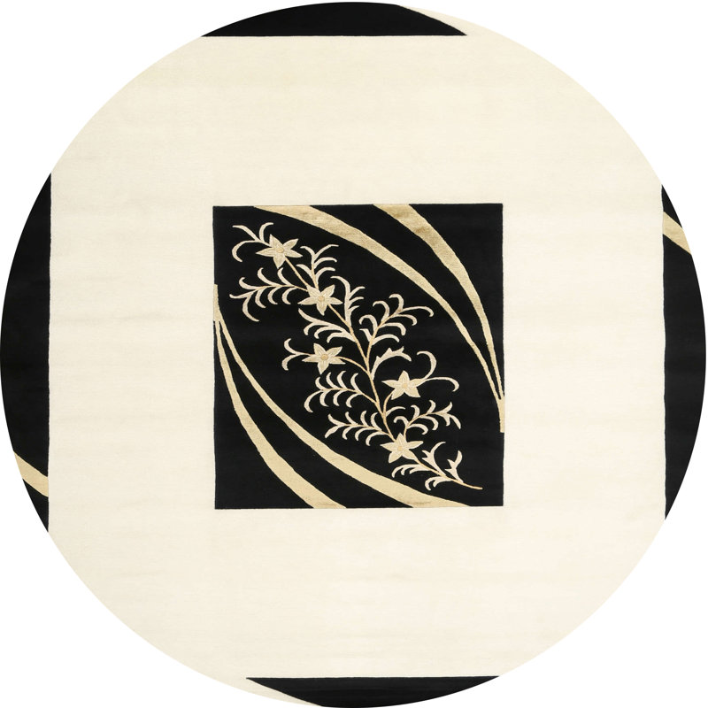 Tapis de zone noir/crème contemporaine, Rond 6 pi