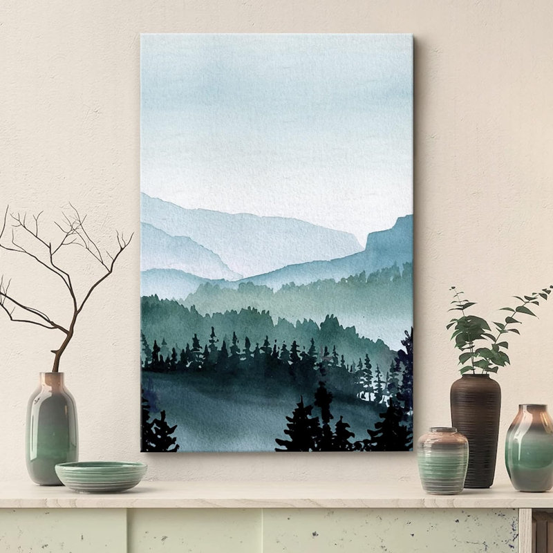 «Woodland Forest Landscape», vue aérienne, pastel, aquarelle, montagne, Toile tendue, H 48 po x l 32 po