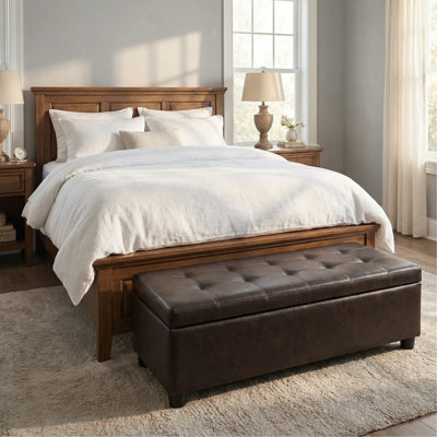 49.75" Tufted Storage Ottoman Bench, Brown Synthetic Leather Entryway Bedroom Bench with Wooden Legs