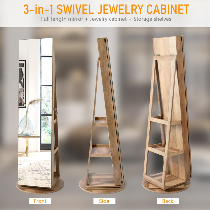 Modern Wood Jewellery Armoire With Rotating Mirror And LED Lights, Brown