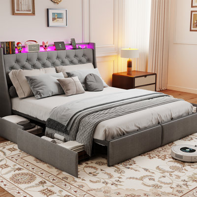 Queen Upholstered Platform Bed Frame, Bed With 4 Storage Drawers, Charging Station (2 USB), LED Lights And Storage Headboard