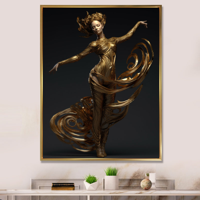 «Dynamic Pose Abstract Golden Dancer I», reproduction sur toile, H 44 po x l 34 po, Cadre photo noir