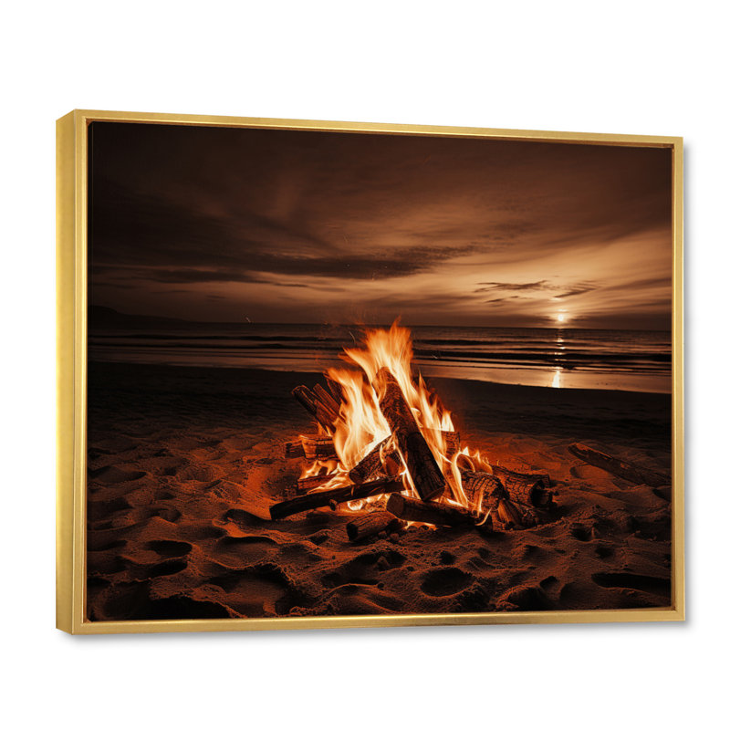 Sapin de plage au coucher du soleil I - Décoration murale nautique et plage, H 16 po x l 32 po x P 1 po, Cadre flottant doré