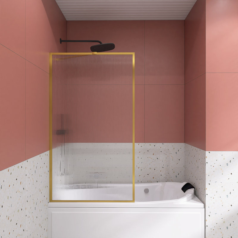 Porte de baignoire à cadre fixe avec verre cannelé l 33 po x H 58 po, Or